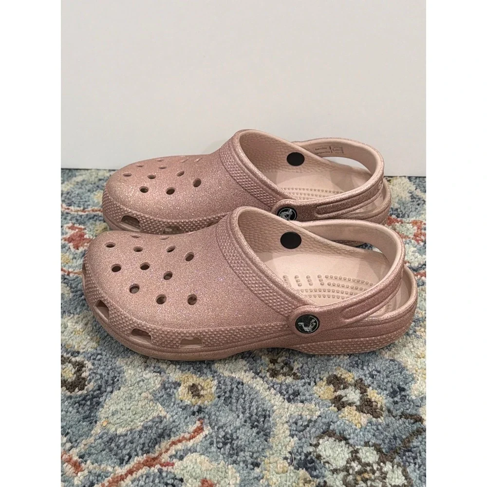 Crocs Classic Clog Girls 4 Rose Gold Glitter Sparkle Comfort